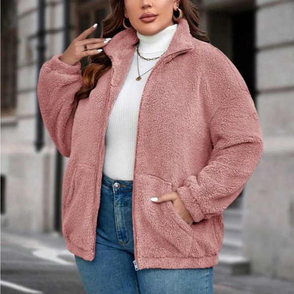 Plus size cost zip up teddy jacket - Picture 4 of 16
